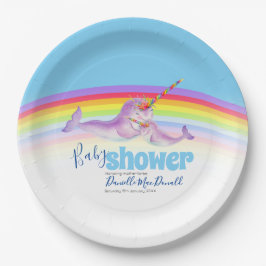 Cute narwhal moeder babyblauwe regenboog baby show papieren bordje