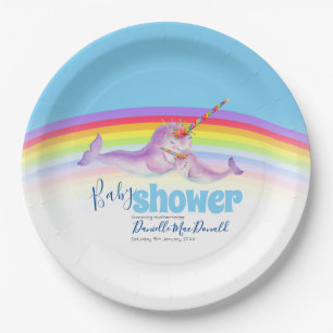 Cute narwhal moeder babyblauwe regenboog baby show papieren bordje
