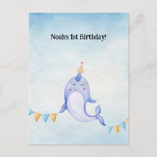 Cute Narwhal Ocean Theme Narwal Birthday Invite Briefkaart (Voorkant)