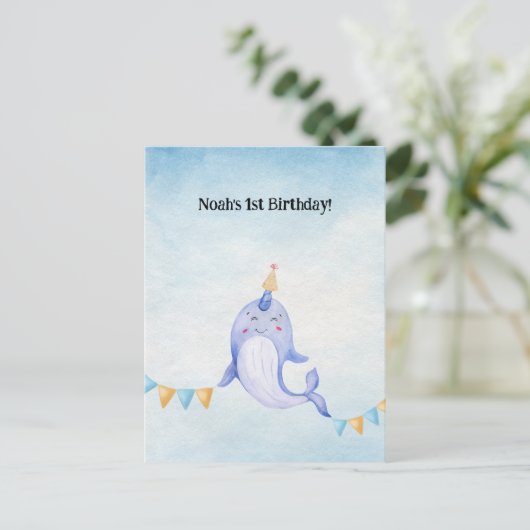 Cute Narwhal Ocean Theme Narwal Birthday Invite Briefkaart (Staand voorkant)