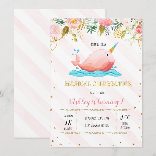 Cute narwhal party Calls Kaart (Voorkant / Achterkant)