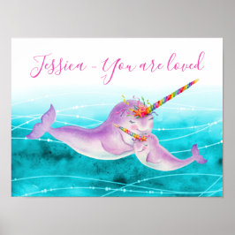 Cute narwhal regenboog onderwater waterverf naam poster