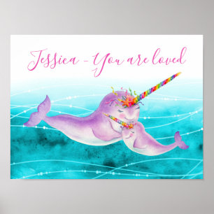 Cute narwhal regenboog onderwater waterverf naam poster