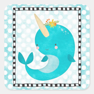 Cute Narwhal - Turquoise Aqua Whale Vierkante Sticker