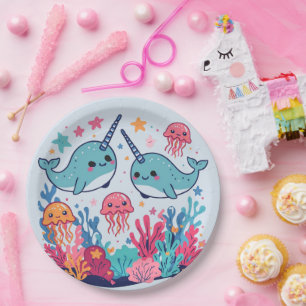 Cute Narwhal vis Patroon Waterverf Onder de Zee Papieren Bordje