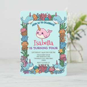 Cute Narwhal vispatroon waterverf onder de zee Kaart
