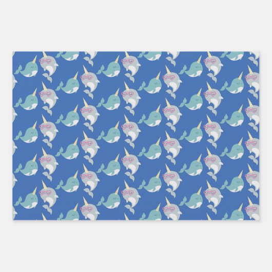 Cute Narwhal Whimsical Cartoon Pattern in Blue Inpakpapier Vel (Voorkant)