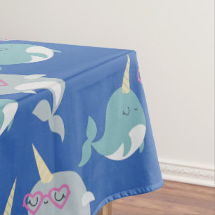 Cute Narwhal Whimsical Cartoon Pattern in Blue Tafelkleed