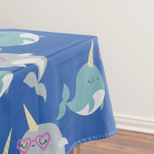 Cute Narwhal Whimsical Cartoon Pattern in Blue Tafelkleed (Voorbeeld)
