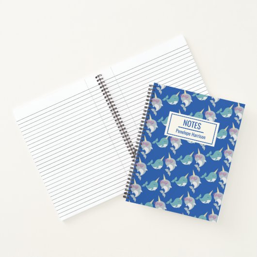 Cute Narwhal Whimsical Pattern Blue, gepersonalise Notitieboek (Binnen)