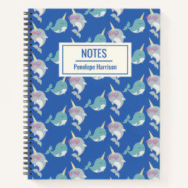 Cute Narwhal Whimsical Pattern Blue, gepersonalise Notitieboek