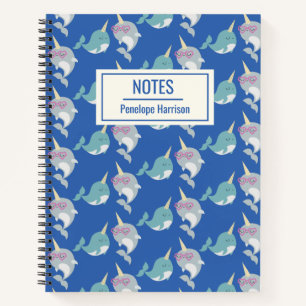 Cute Narwhal Whimsical Pattern Blue, gepersonalise Notitieboek