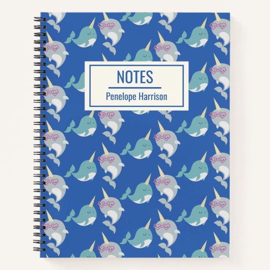 Cute Narwhal Whimsical Pattern Blue, gepersonalise Notitieboek (Voorkant)