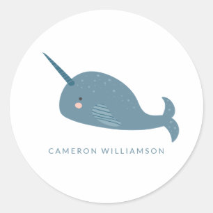 Cute Narwhif in Blue Personalized   Ronde Sticker