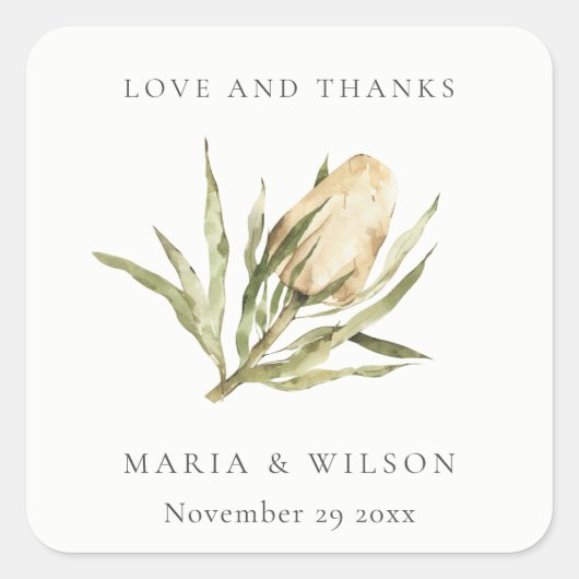 Cute Native Banksia Waterverf Floral Wedding Vierkante Sticker (Voorkant)