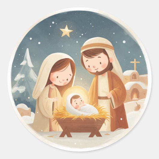 Cute Nativity Christmas Ronde Sticker (Voorkant)