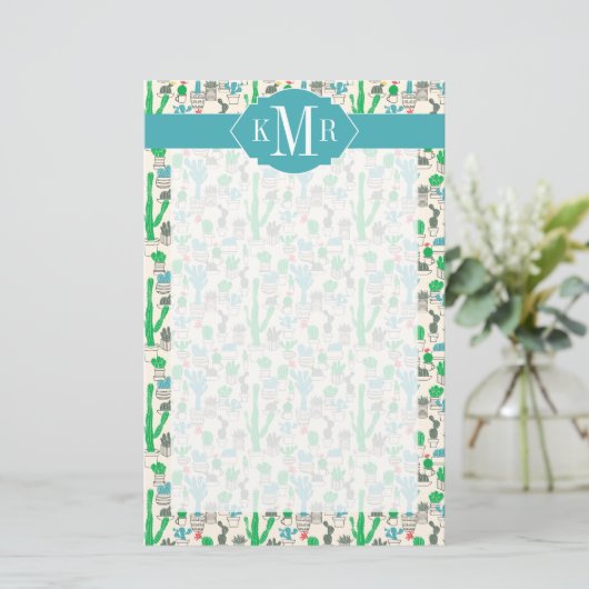 Cute Natural Floral Cacti Pattern Briefpapier (Staand voorkant)