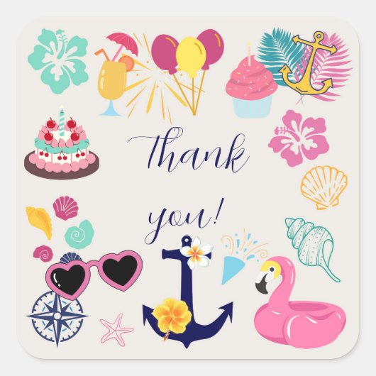 Cute Nautical Birthday Thank You Vierkante Sticker (Voorkant)