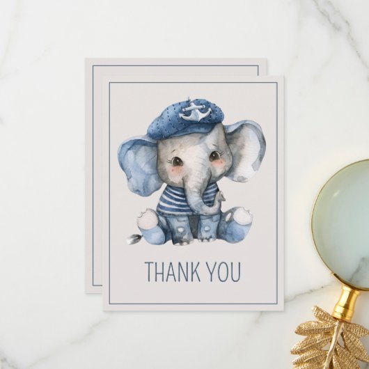 Cute Nautical Blue Baby Elephant Baby Shower Bedankkaart (Voorkant / Achterkant in situ)