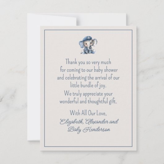 Cute Nautical Blue Baby Elephant Baby Shower Bedankkaart (Achterkant)