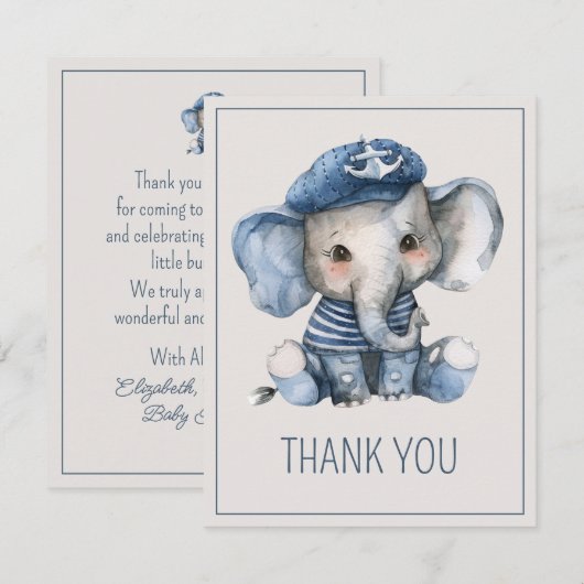 Cute Nautical Blue Baby Elephant Baby Shower Bedankkaart (Voorkant / Achterkant)