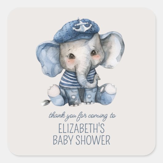 Cute Nautical Blue Baby Elephant Baby Shower Vierkante Sticker (Voorkant)