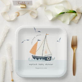 Cute Nautical Blue Sailboat Pastel Baby shower Papieren Bordje