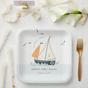 Cute Nautical Blue Sailboat Pastel Baby shower Papieren Bordje