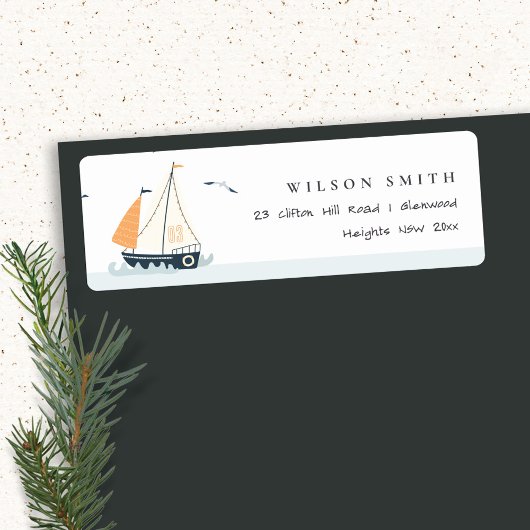 Cute Nautical Blue Sailboat Pastel Kinder Address Etiket
