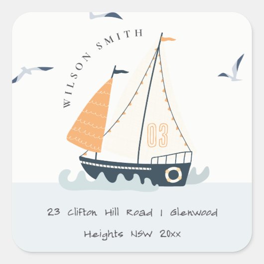 Cute Nautical Blue Sailboat Pastel Kinder Address Vierkante Sticker (Voorkant)