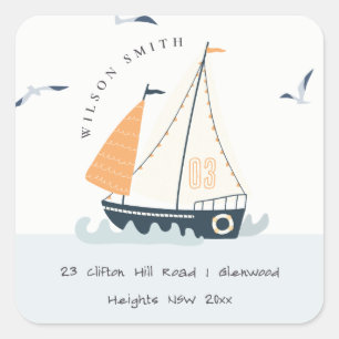 Cute Nautical Blue Sailboat Pastel Kinder Address Vierkante Sticker