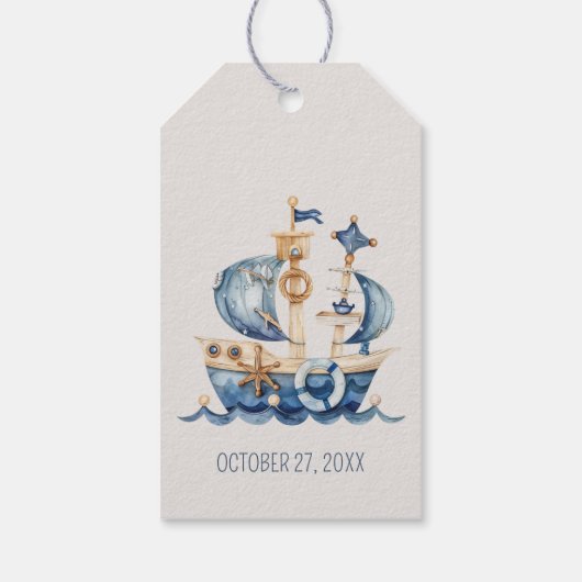 Cute Nautical Blue Sailing Ship Baby Shower Cadeaulabel (Achterkant)