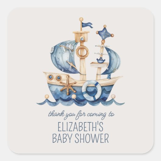 Cute Nautical Blue Sailing Ship Baby Shower Vierkante Sticker (Voorkant)