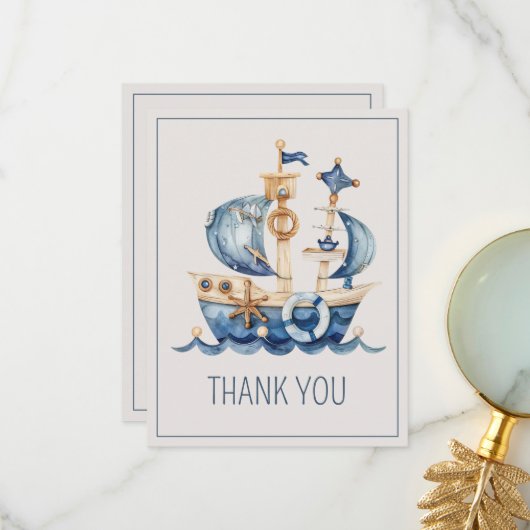 Cute Nautical Blue Watercolor Ship Baby Shower Bedankkaart (Voorkant / Achterkant in situ)