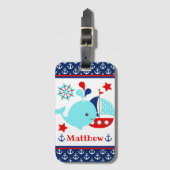 Cute Nautical Blue Whale and Anchors Pattern Bagagelabel (Voorkant (verticaal))
