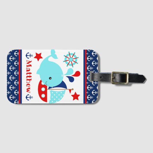 Cute Nautical Blue Whale and Anchors Pattern Bagagelabel (Voorkant (horizontaal))
