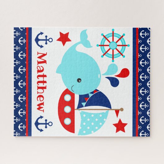 Cute Nautical Blue Whale and Anchors Pattern Legpuzzel (Horizontaal)