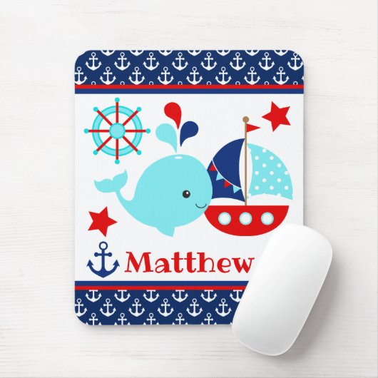 Cute Nautical Blue Whale and Anchors Pattern Muismat (Met muis)