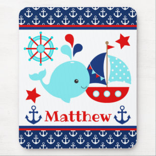 Cute Nautical Blue Whale and Anchors Pattern Muismat