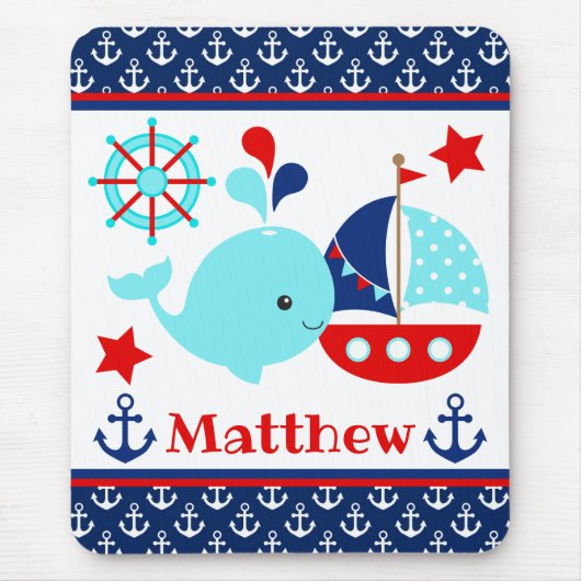 Cute Nautical Blue Whale and Anchors Pattern Muismat (Voorkant)