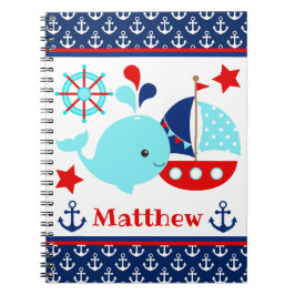 Cute Nautical Blue Whale and Anchors Pattern Notitieboek