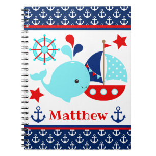 Cute Nautical Blue Whale and Anchors Pattern Notitieboek