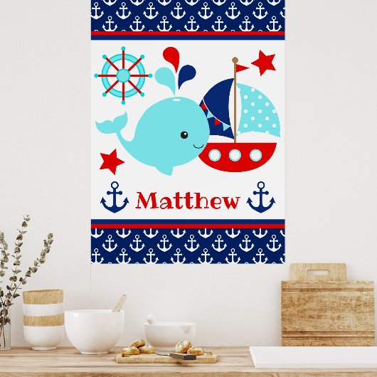 Cute Nautical Blue Whale and Anchors Pattern Poster (Keuken)