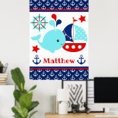 Cute Nautical Blue Whale and Anchors Pattern Poster (Thuiskantoor)