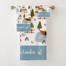 Cute Nautical Lighthouse and Boat Kind Pattern Bad Handdoek