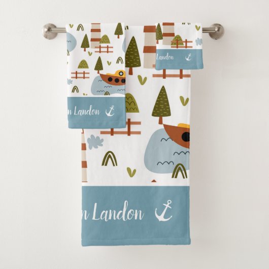 Cute Nautical Lighthouse and Boat Kind Pattern Bad Handdoek (Insitu)