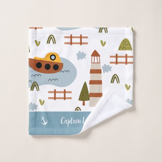Cute Nautical Lighthouse and Boat Kind Pattern Bad Handdoek (Wasdoekje)