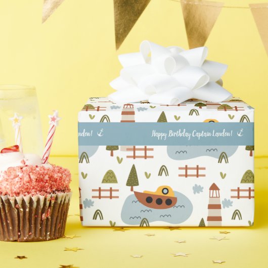 Cute Nautical Lighthouse and Boat Kind Pattern Cadeaupapier (Verjaardagsfeest)
