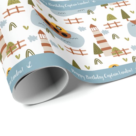 Cute Nautical Lighthouse and Boat Kind Pattern Cadeaupapier (Rol Hoek)