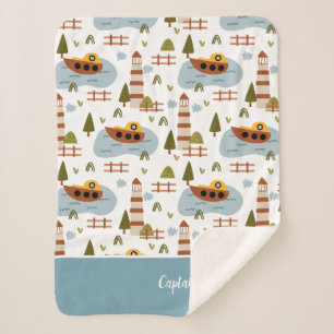 Cute Nautical Lighthouse and Boat Kind Pattern Sherpa Deken